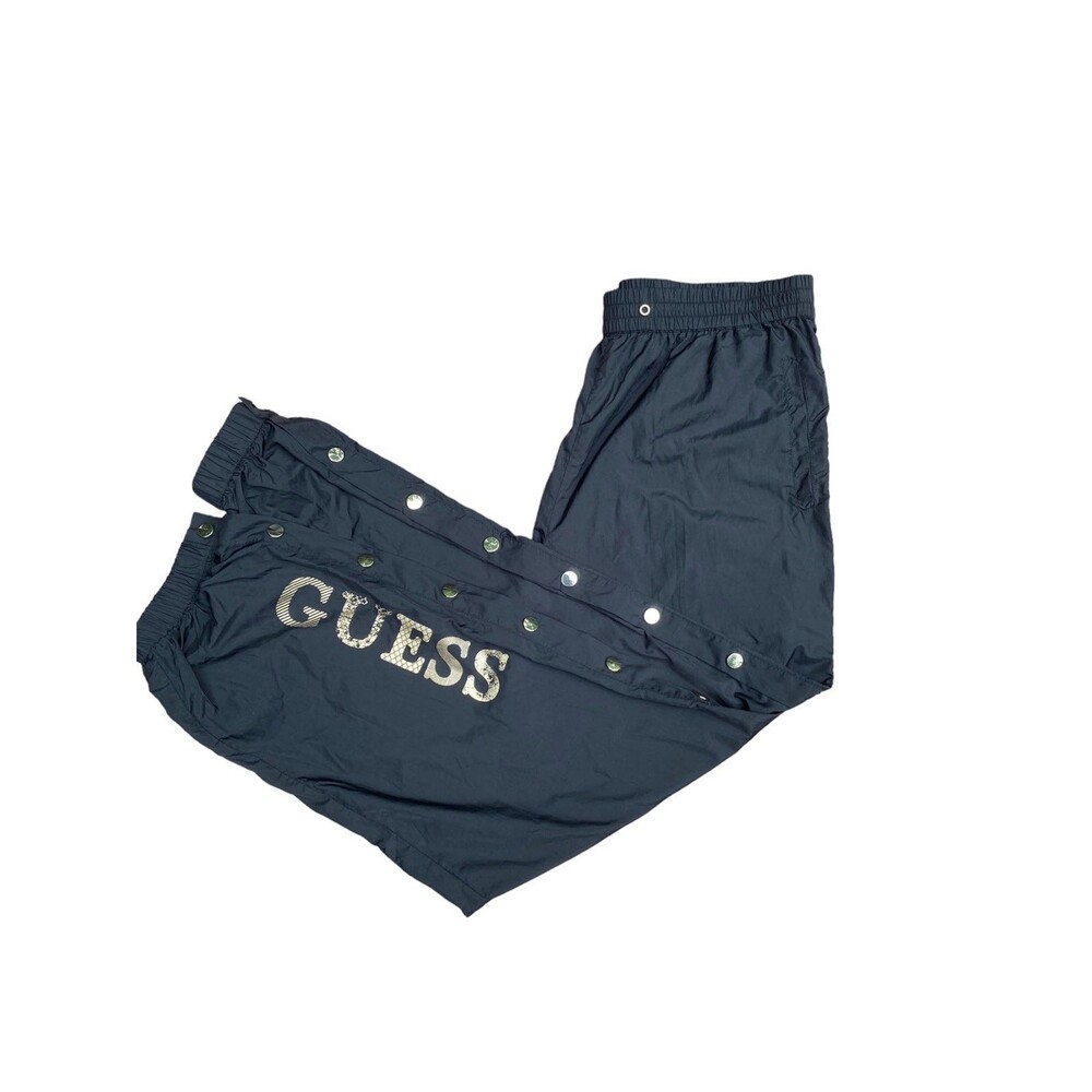 Guess Snap Track Pants M Black Nylon Gold Snaps Tearaway Y2K Streetwear